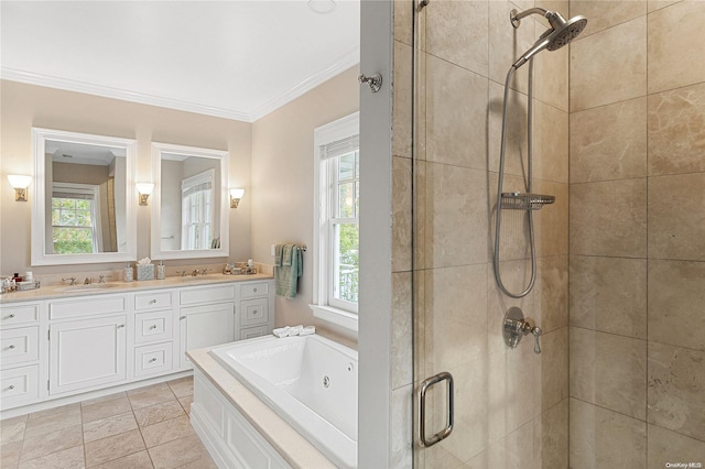 bathroom with tile patterned flooring, vanity, crown molding, and independent shower and bath