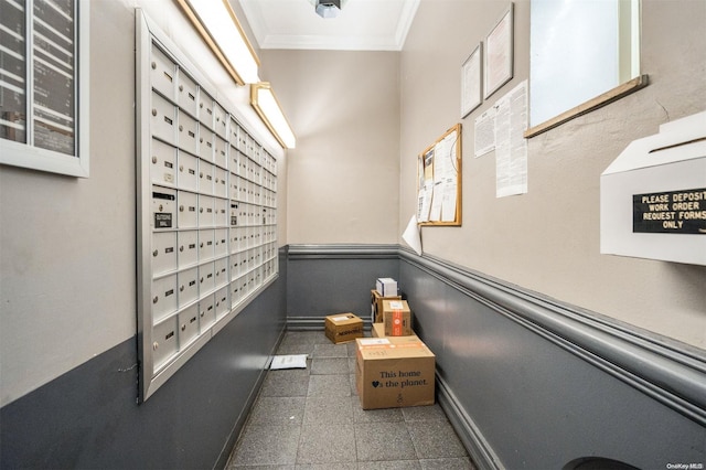 corridor featuring crown molding and a mail area