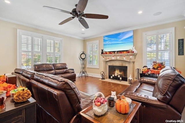 living room with hardwood / wood-style flooring, plenty of natural light, ceiling fan, and ornamental molding