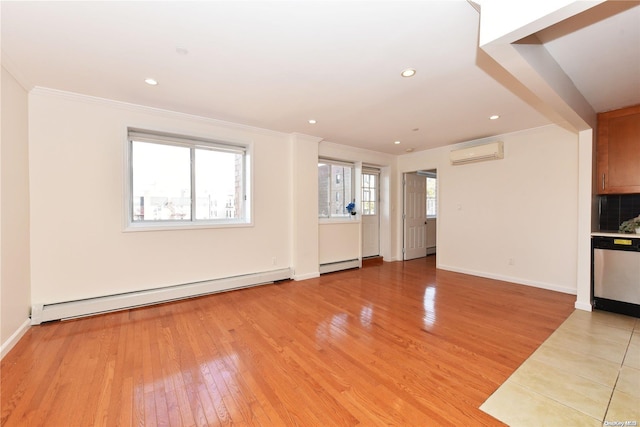 unfurnished living room featuring a wall mounted AC, crown molding, light hardwood / wood-style floors, and a baseboard heating unit