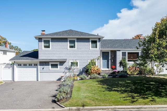 tri-level home with a front yard and a garage