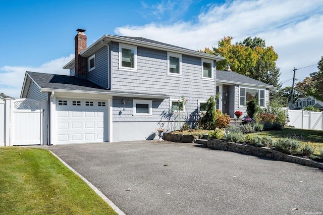 tri-level home with a front yard and a garage