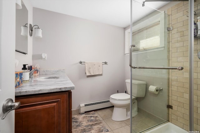 bathroom with walk in shower, baseboard heating, tile patterned floors, toilet, and vanity