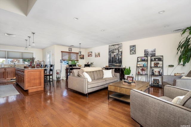 living room featuring wood-type flooring and sink