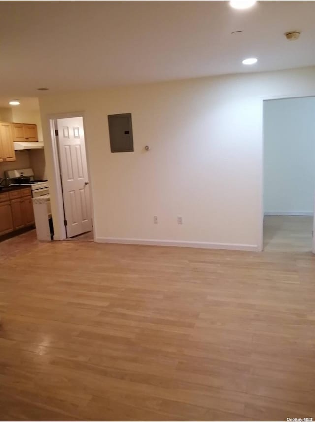 unfurnished living room featuring light wood-type flooring and electric panel