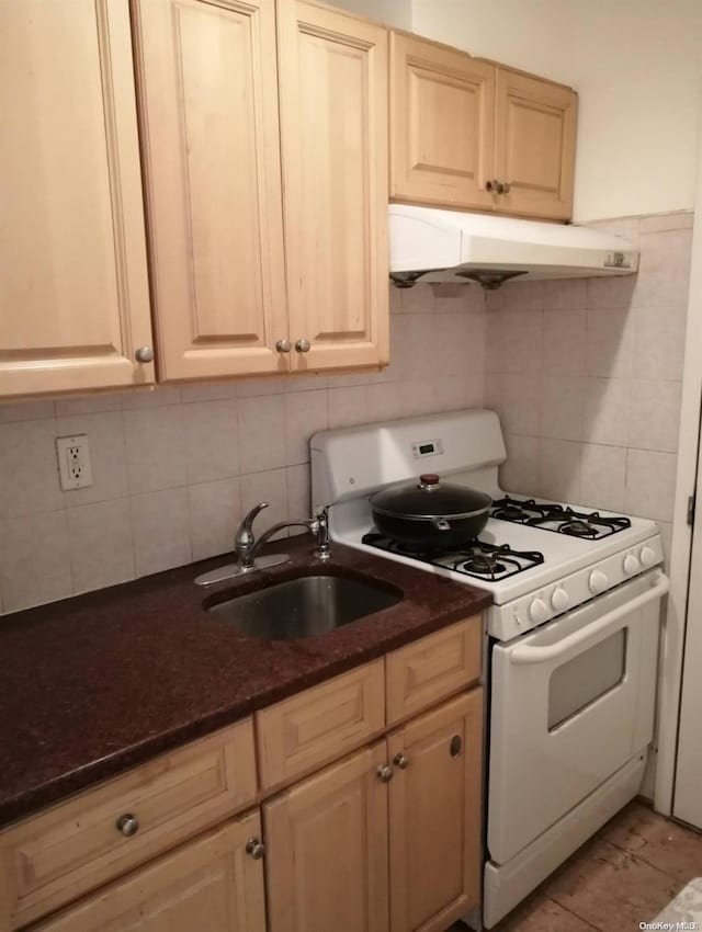 43-20 Union St Unit 6D, Flushing, NY 11355 - kitchen with white range with gas stovetop, under cabinet range hood, a sink, and tasteful backsplash