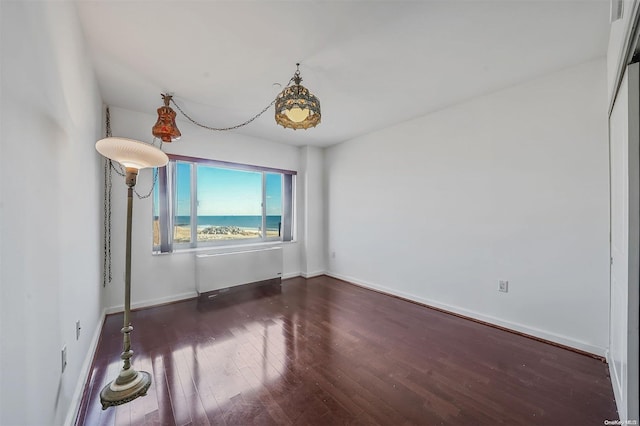 empty room with dark hardwood / wood-style flooring and radiator heating unit