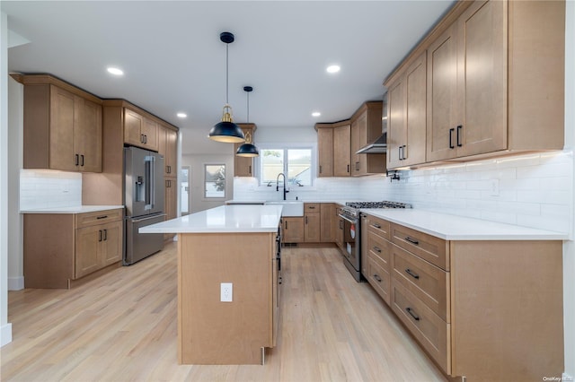 kitchen featuring decorative backsplash, light wood-type flooring, sink, high quality appliances, and a kitchen island