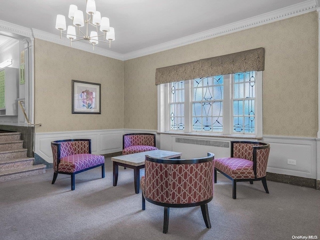 living area with ornamental molding, carpet floors, radiator, and an inviting chandelier