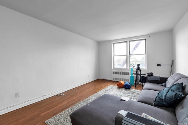 living room with light wood-type flooring and radiator heating unit