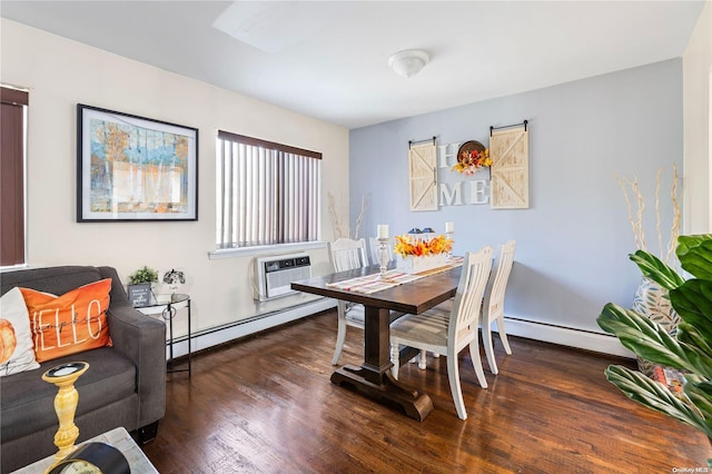 dining area with baseboard heating, a wall unit AC, and dark wood-type flooring