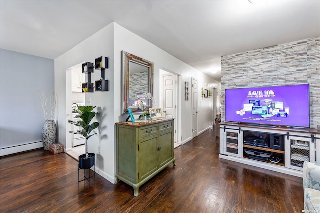 living room featuring a baseboard radiator and dark hardwood / wood-style floors