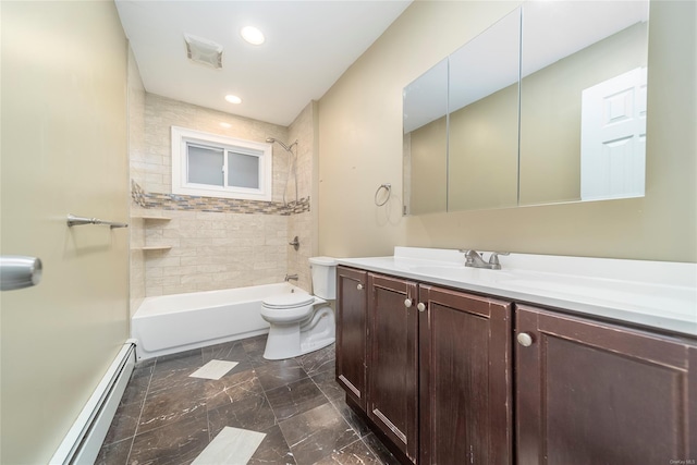 full bathroom with a baseboard radiator, tiled shower / bath combo, vanity, and toilet