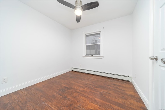 spare room with ceiling fan, dark hardwood / wood-style floors, and a baseboard radiator