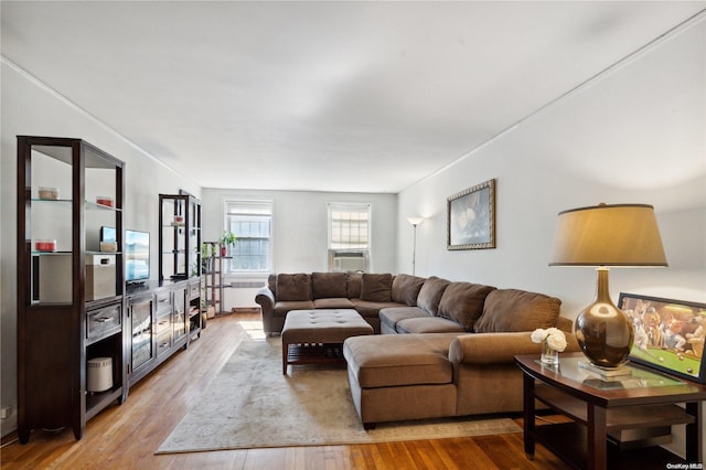 living room with radiator heating unit, light hardwood / wood-style floors, and cooling unit