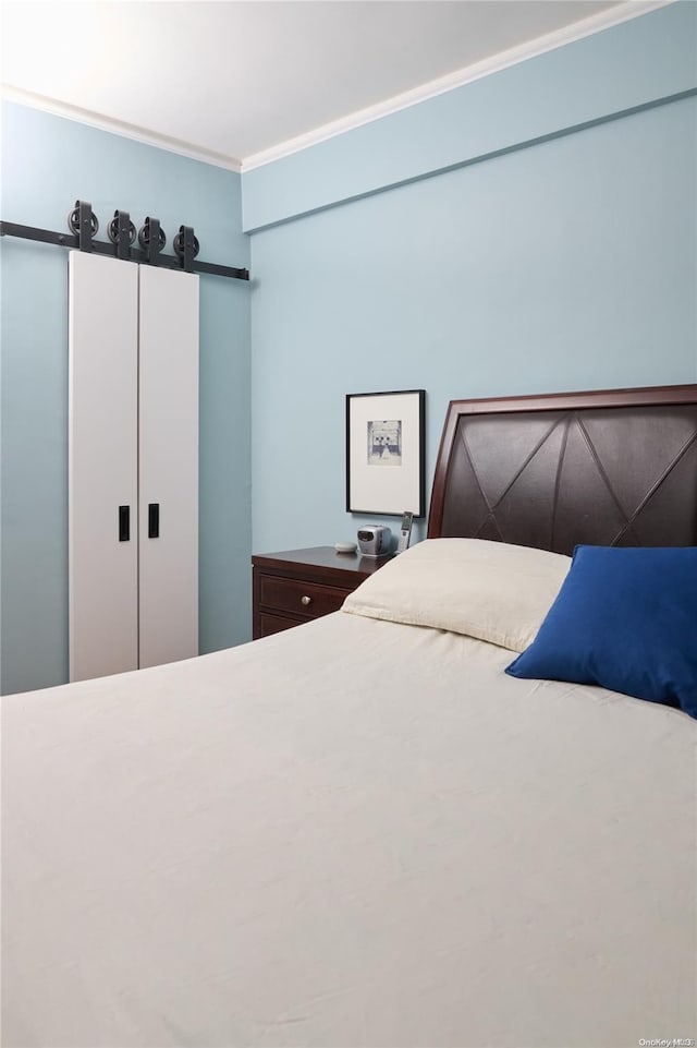 bedroom featuring ornamental molding and a closet