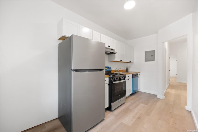 kitchen featuring white cabinets, appliances with stainless steel finishes, light hardwood / wood-style flooring, and electric panel