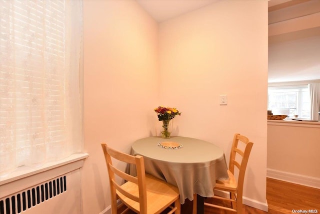 dining room featuring wood-type flooring and radiator