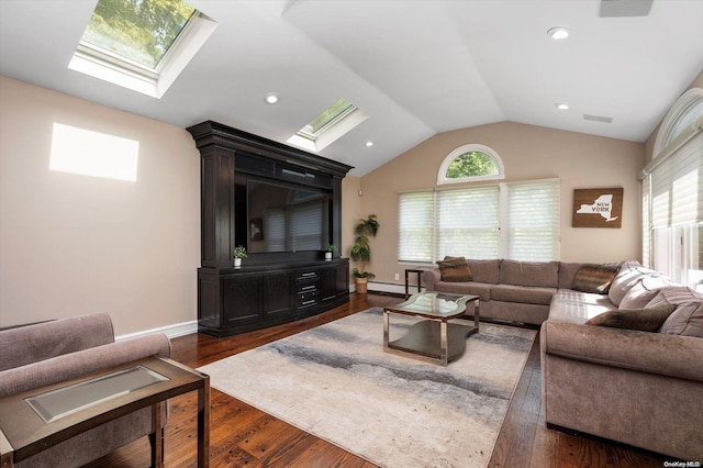 living room featuring vaulted ceiling with skylight, a baseboard radiator, and dark hardwood / wood-style floors