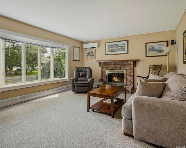 carpeted living room featuring an AC wall unit and a fireplace