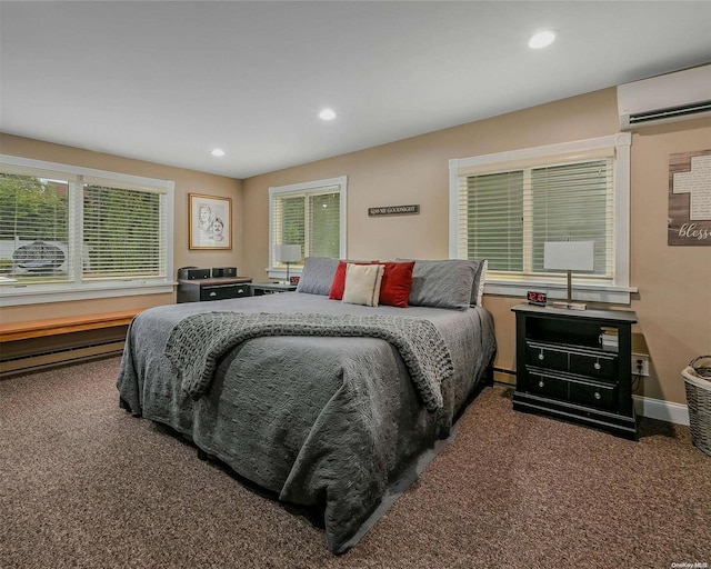 carpeted bedroom with a wall mounted AC and multiple windows