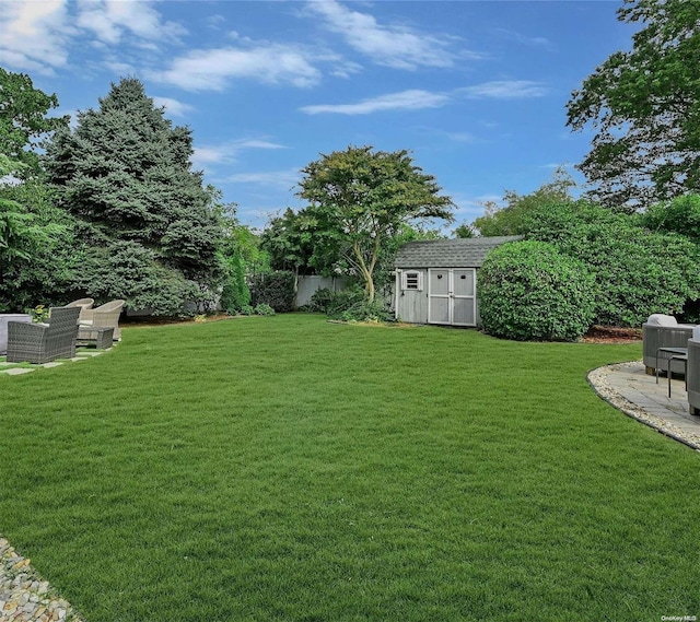 view of yard featuring a storage shed