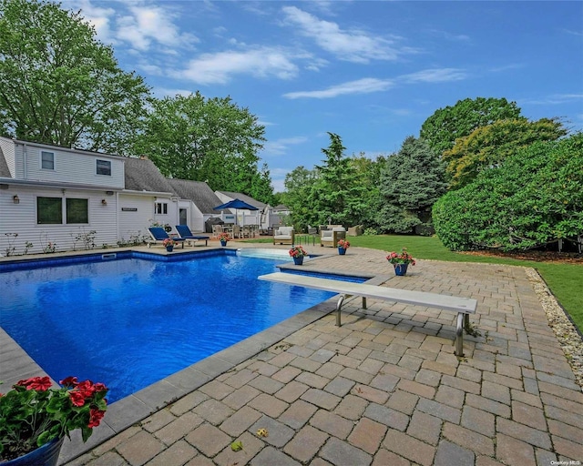 view of swimming pool with a patio area and a diving board