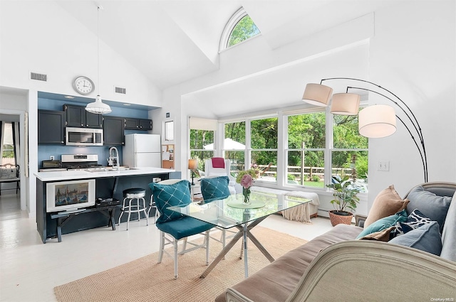 dining space with sink, high vaulted ceiling, and a baseboard radiator