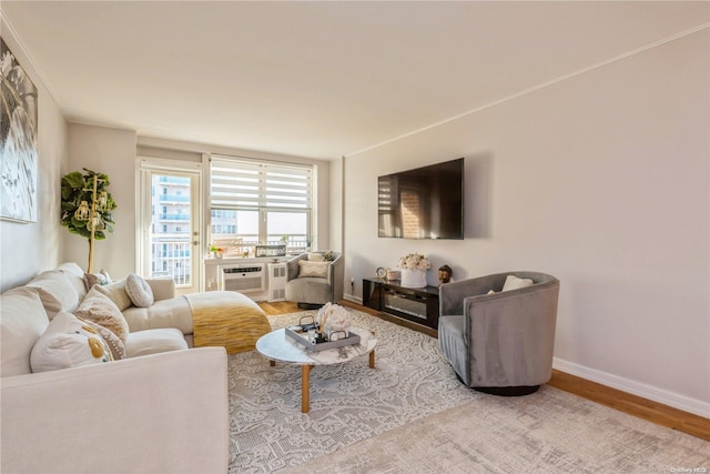 living room with a wall unit AC and light hardwood / wood-style flooring