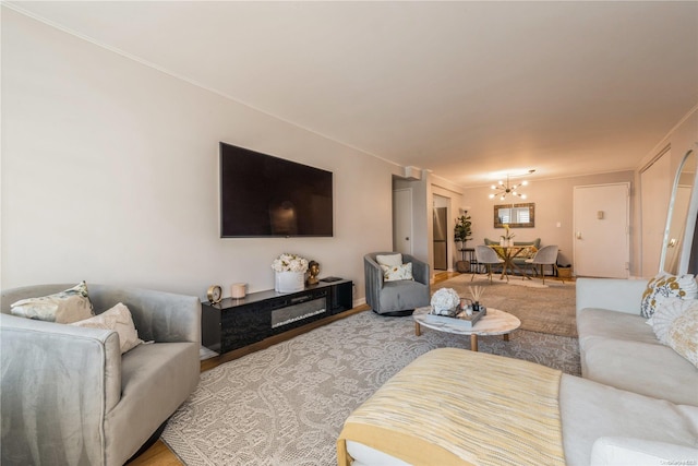 living room featuring an inviting chandelier