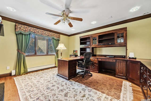 office featuring light hardwood / wood-style floors, baseboard heating, crown molding, and ceiling fan