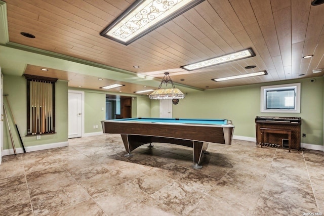 rec room featuring wooden ceiling and billiards