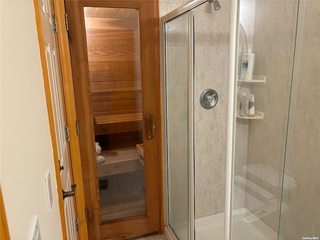 bathroom featuring a shower with door