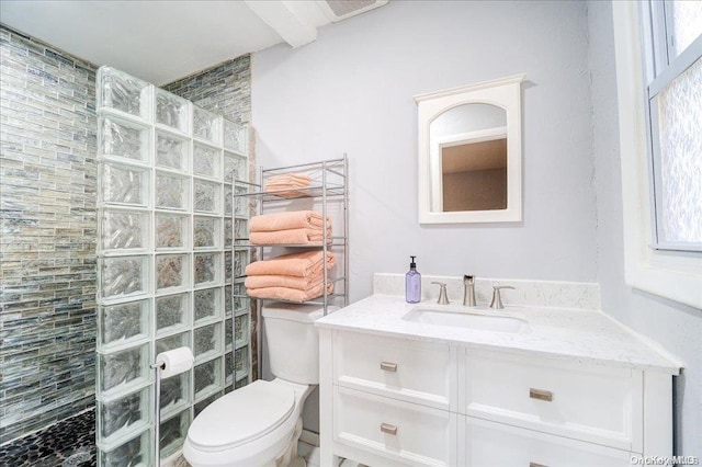 bathroom with a shower, vanity, and toilet