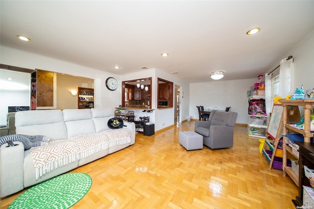 living room with parquet floors