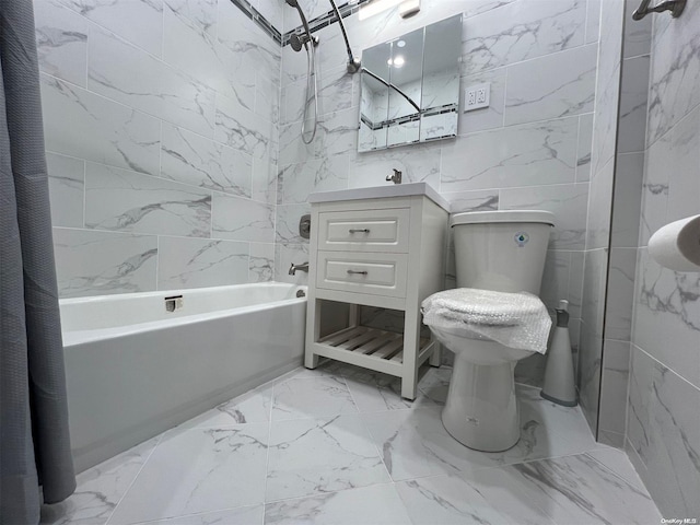 full bathroom with vanity, shower / bath combo with shower curtain, and toilet