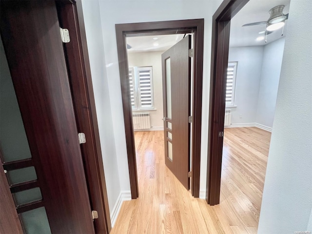 hallway featuring radiator heating unit and light hardwood / wood-style floors