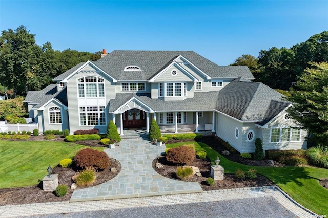 view of front of home with a front lawn and covered porch