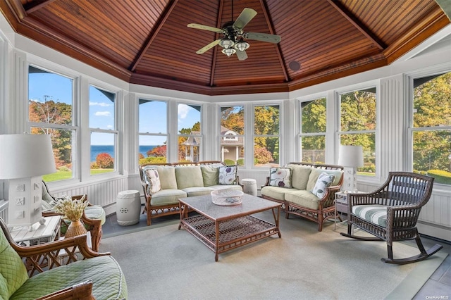 sunroom featuring wooden ceiling, ceiling fan, and lofted ceiling