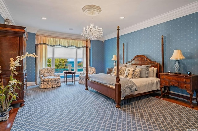 bedroom featuring hardwood / wood-style floors, an inviting chandelier, and ornamental molding