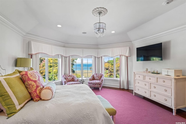 carpeted bedroom featuring an inviting chandelier, multiple windows, and ornamental molding