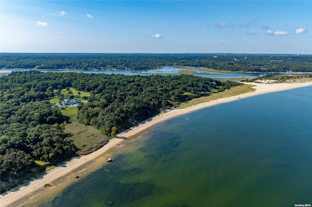 bird's eye view with a view of the beach and a water view