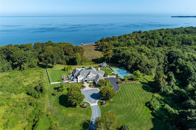 bird's eye view featuring a water view and a forest view