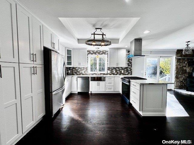 kitchen featuring white cabinetry, pendant lighting, a tray ceiling, exhaust hood, and appliances with stainless steel finishes