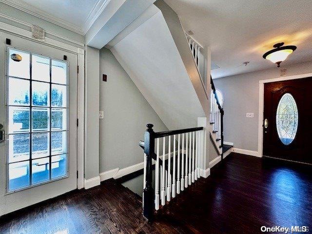 entryway featuring dark hardwood / wood-style flooring, vaulted ceiling, and ornamental molding