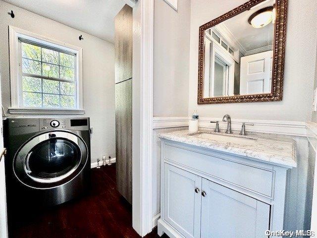 laundry area with washer / clothes dryer, sink, dark hardwood / wood-style floors, and ornamental molding