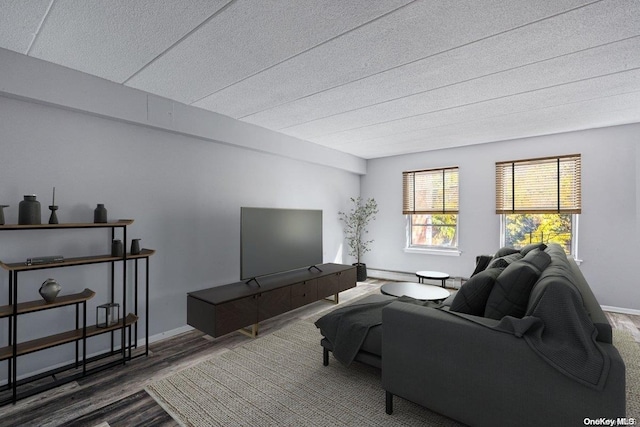 living room with dark hardwood / wood-style floors, a textured ceiling, and a baseboard heating unit