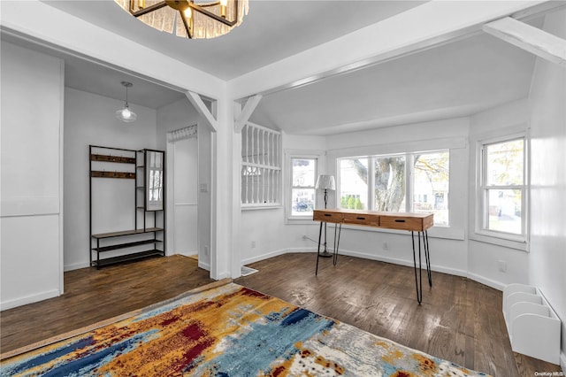 interior space featuring radiator, dark hardwood / wood-style flooring, and vaulted ceiling with beams