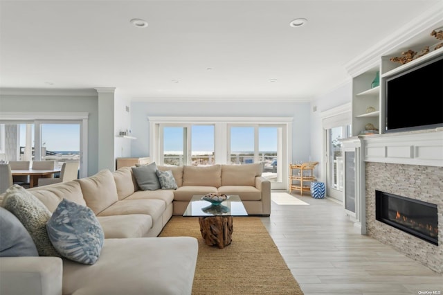 living room featuring a fireplace, light hardwood / wood-style floors, and crown molding