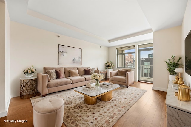 living room with hardwood / wood-style flooring and a raised ceiling